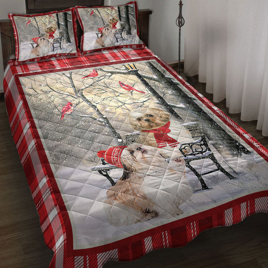 Shih Tzu Quilt Set, Shih Tzu Hellomas Snowflake Winter Park Cardinal Holiday Quilt Blanket With Pillowcases, Quilt Bedding Set, Christmas Gift