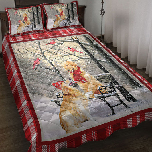 Golden Retriever Quilt Set, Golden Retriever Hellomas Snowflake Winter Park Holiday Quilt Blanket With Pillowcases, Quilt Bedding Set, Christmas Gift