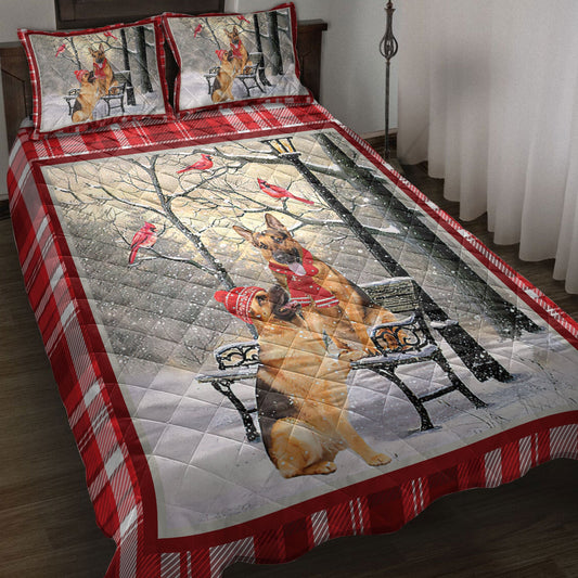 German Shepherd Quilt Set, German Shepherd Hellomas Snowflake Winter Park Holiday Quilt Blanket With Pillowcases, Quilt Bedding Set, Christmas Gift