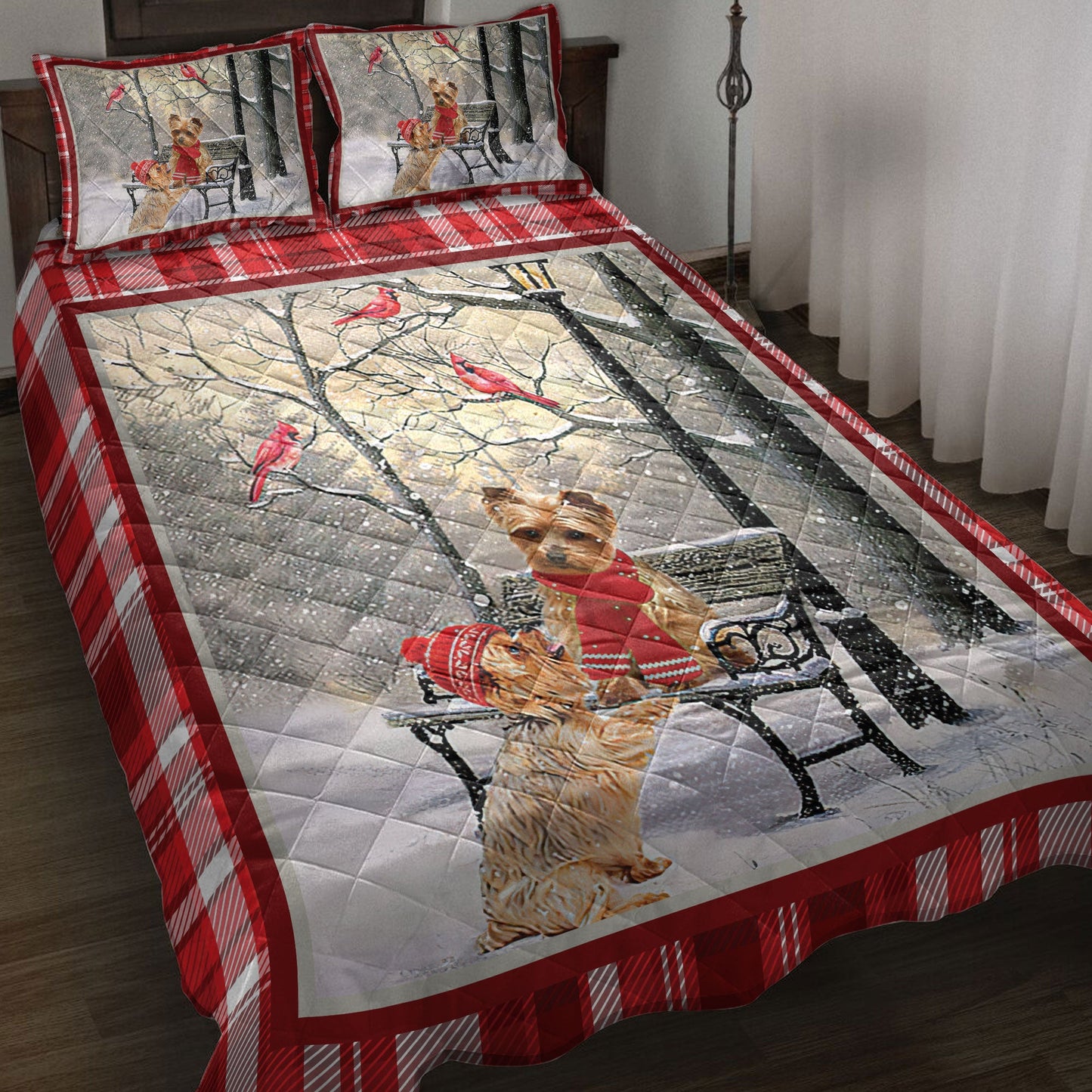 Yorkshire Quilt Set, Yorkshire Terrier Yorkie Hellomas Snowflake Winter Park Quilt Blanket With Pillowcases, Quilt Bedding Set, Christmas Gift