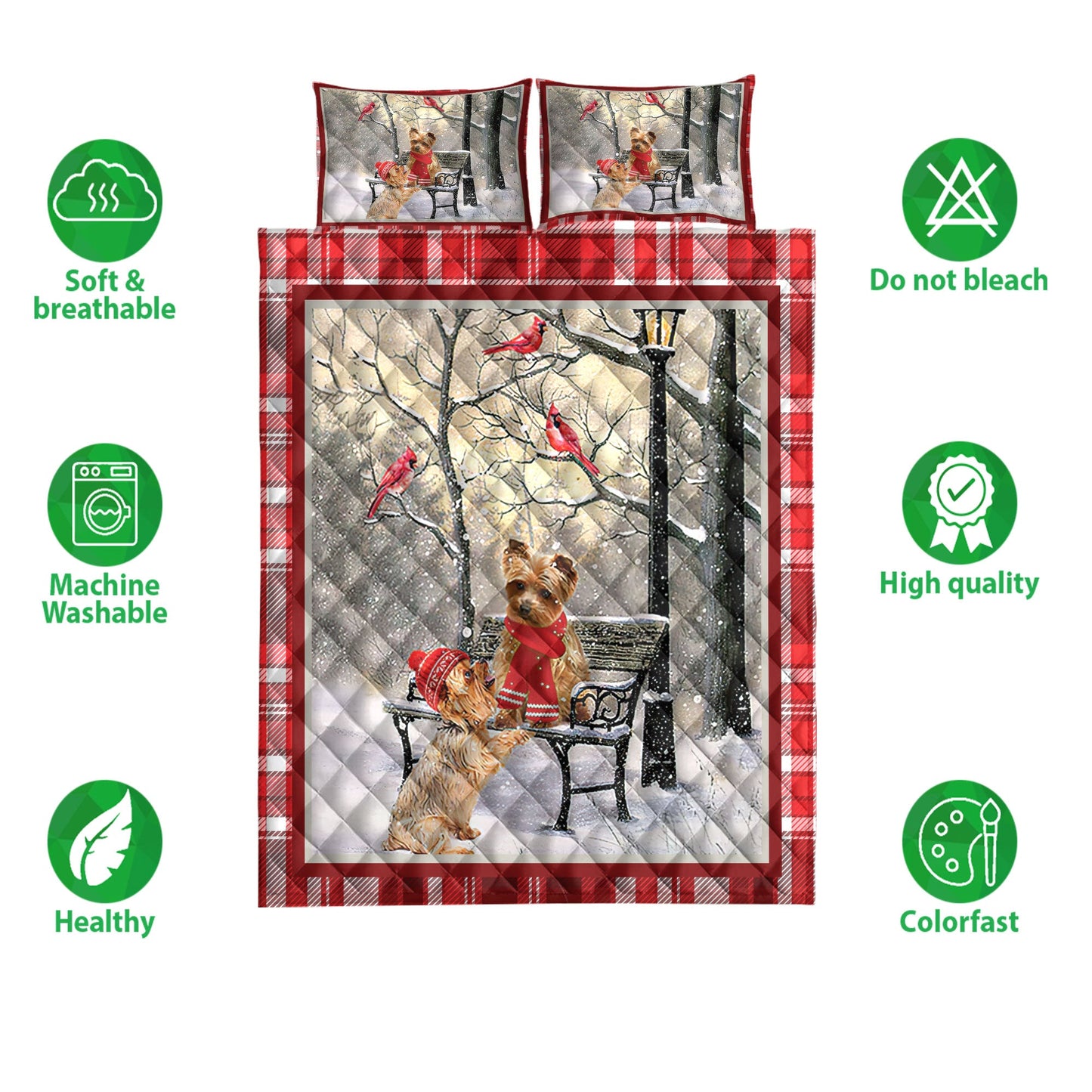 Yorkshire Quilt Set, Yorkshire Terrier Yorkie Hellomas Snowflake Winter Park Quilt Blanket With Pillowcases, Quilt Bedding Set, Christmas Gift