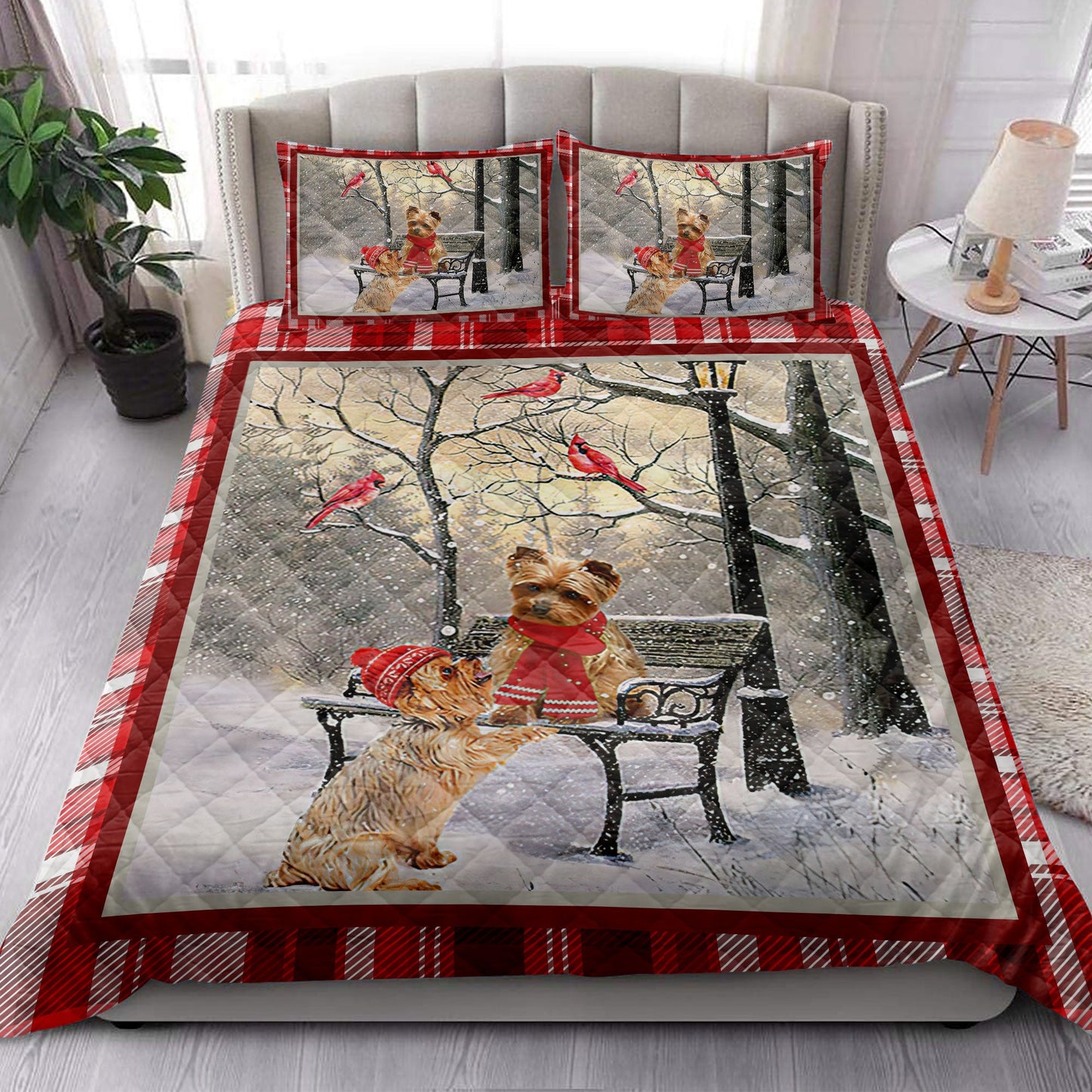 Yorkshire Quilt Set, Yorkshire Terrier Yorkie Hellomas Snowflake Winter Park Quilt Blanket With Pillowcases, Quilt Bedding Set, Christmas Gift