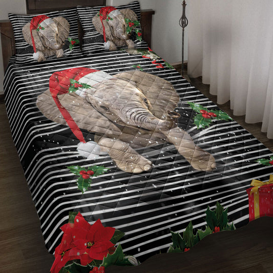 Elephant Quilt Set, Elephantmas Striped With Santa Hat And Holy Berry Snowflake Quilt Blanket With Pillowcases, Quilt Bedding Set, Christmas Gift