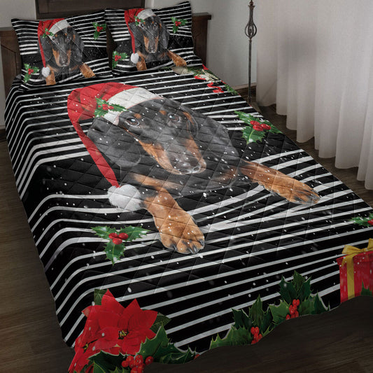 Dachshund Quilt Set, Dachshundmas Striped With Santa Hat And Holy Berry Snowflake Quilt Blanket With Pillowcases, Quilt Bedding Set, Christmas Gift