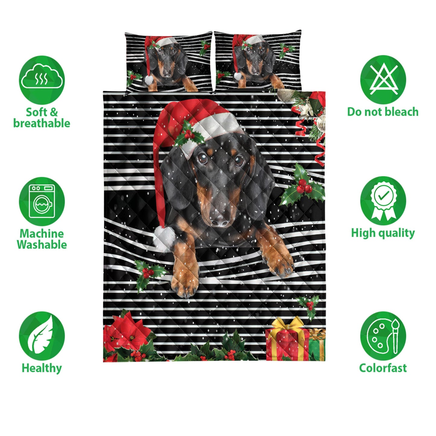 Dachshund Quilt Set, Dachshundmas Striped With Santa Hat And Holy Berry Snowflake Quilt Blanket With Pillowcases, Quilt Bedding Set, Christmas Gift
