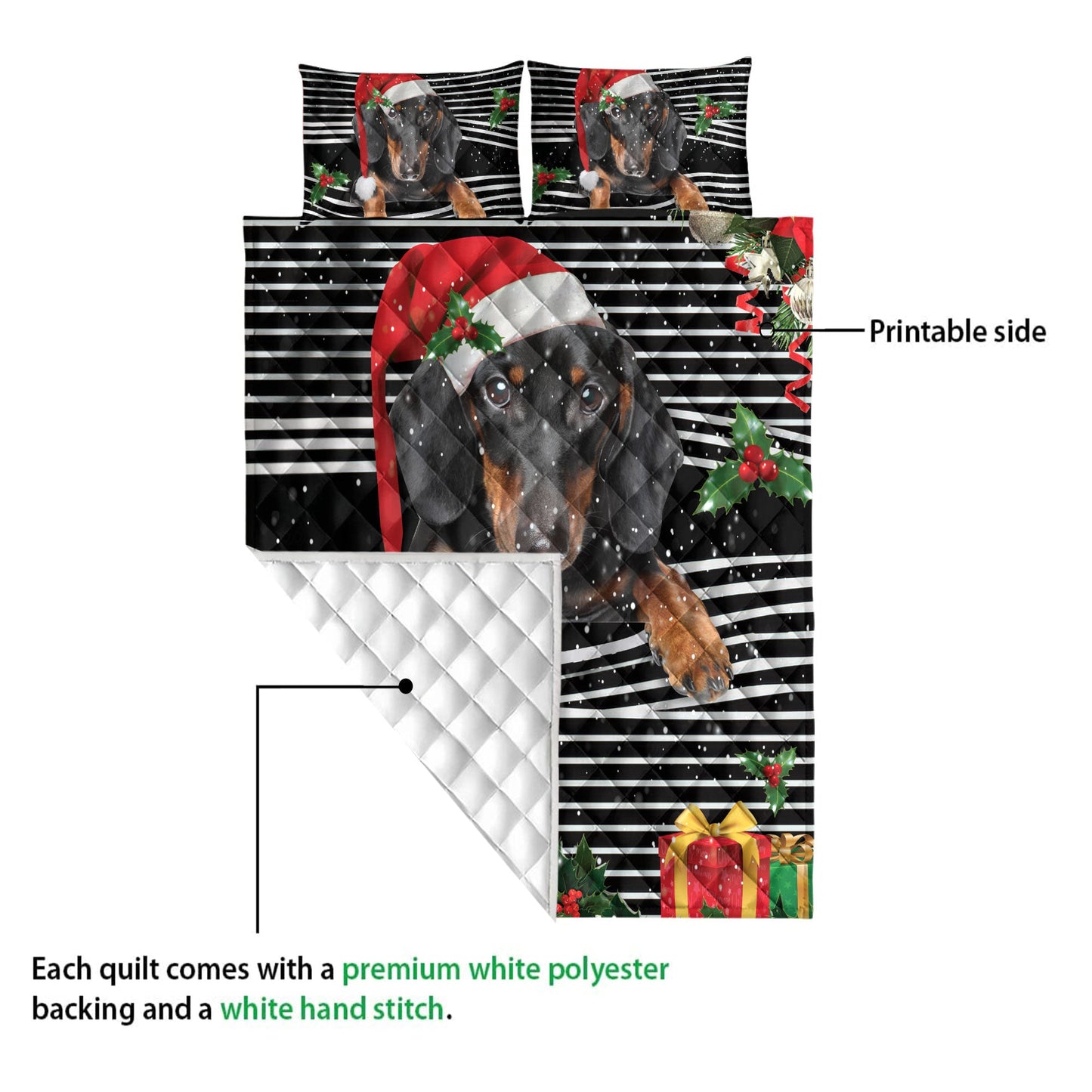 Dachshund Quilt Set, Dachshundmas Striped With Santa Hat And Holy Berry Snowflake Quilt Blanket With Pillowcases, Quilt Bedding Set, Christmas Gift