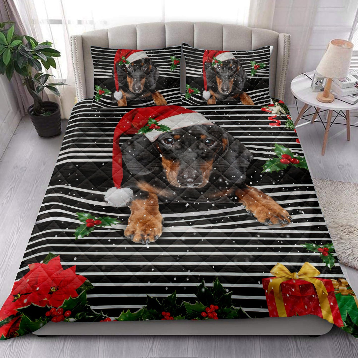 Dachshund Quilt Set, Dachshundmas Striped With Santa Hat And Holy Berry Snowflake Quilt Blanket With Pillowcases, Quilt Bedding Set, Christmas Gift
