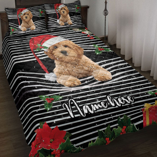Personalized Goldendoodle Quilt Set, Goldendoodlemas Striped Santa Hat Quilt Blanket With Pillowcases, Custom Name Quilt Bedding Set, Christmas Gift
