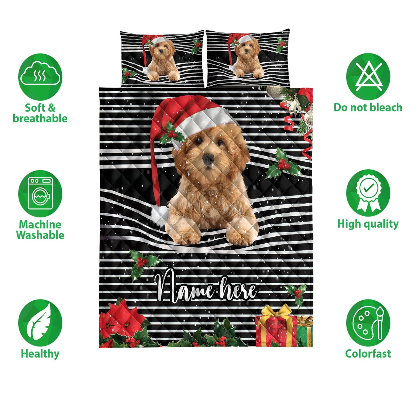 Personalized Goldendoodle Quilt Set, Goldendoodlemas Striped Santa Hat Quilt Blanket With Pillowcases, Custom Name Quilt Bedding Set, Christmas Gift