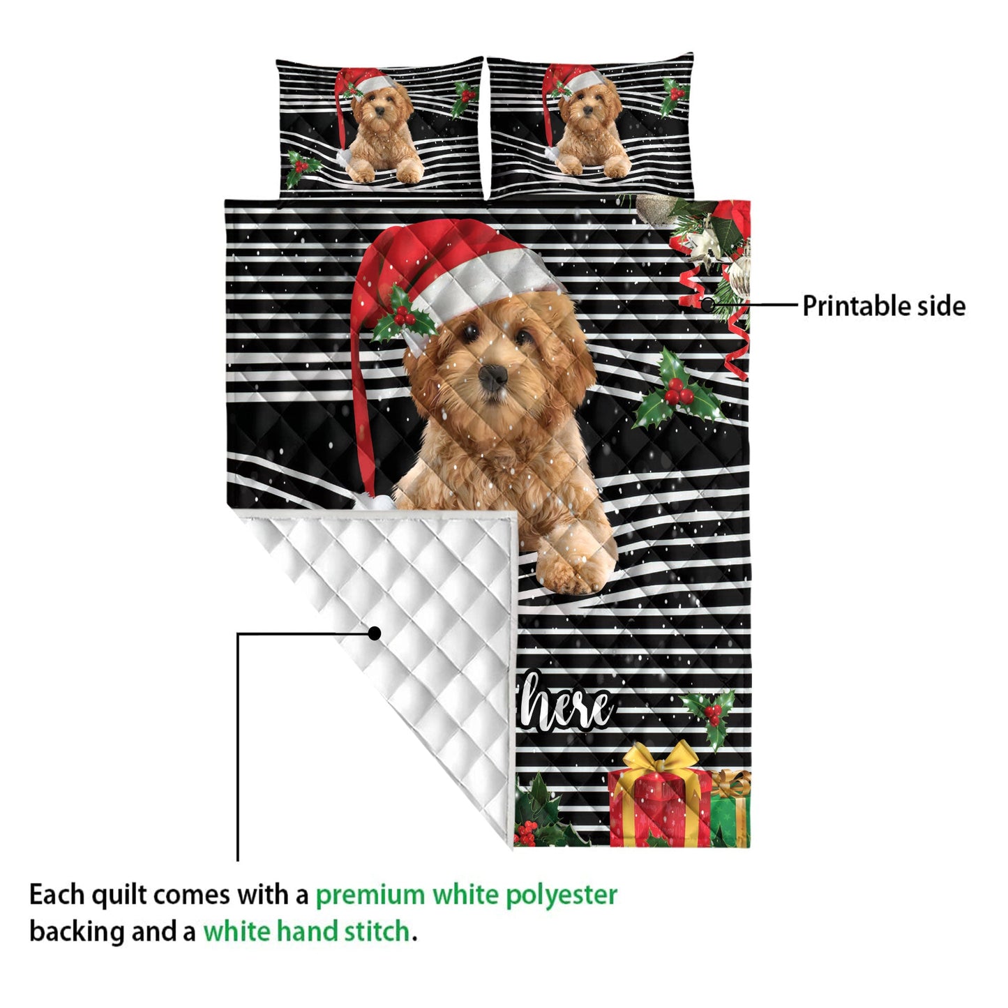 Personalized Goldendoodle Quilt Set, Goldendoodlemas Striped Santa Hat Quilt Blanket With Pillowcases, Custom Name Quilt Bedding Set, Christmas Gift