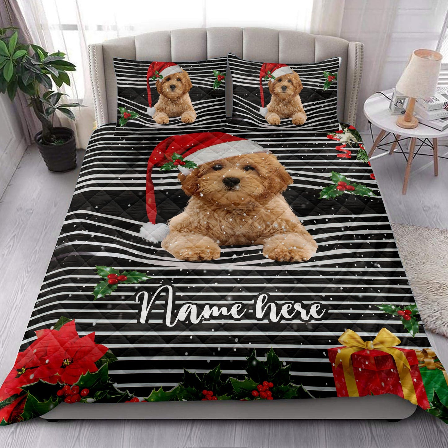 Personalized Goldendoodle Quilt Set, Goldendoodlemas Striped Santa Hat Quilt Blanket With Pillowcases, Custom Name Quilt Bedding Set, Christmas Gift