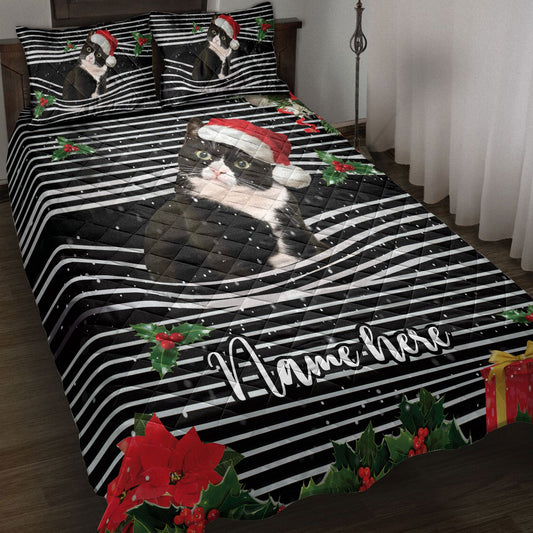 Personalized Tuxedo Cat Quilt Set, Tuxedo Catmas Striped With Santa Hat Quilt Blanket With Pillowcases, Custom Name Quilt Bedding Set, Christmas Gift
