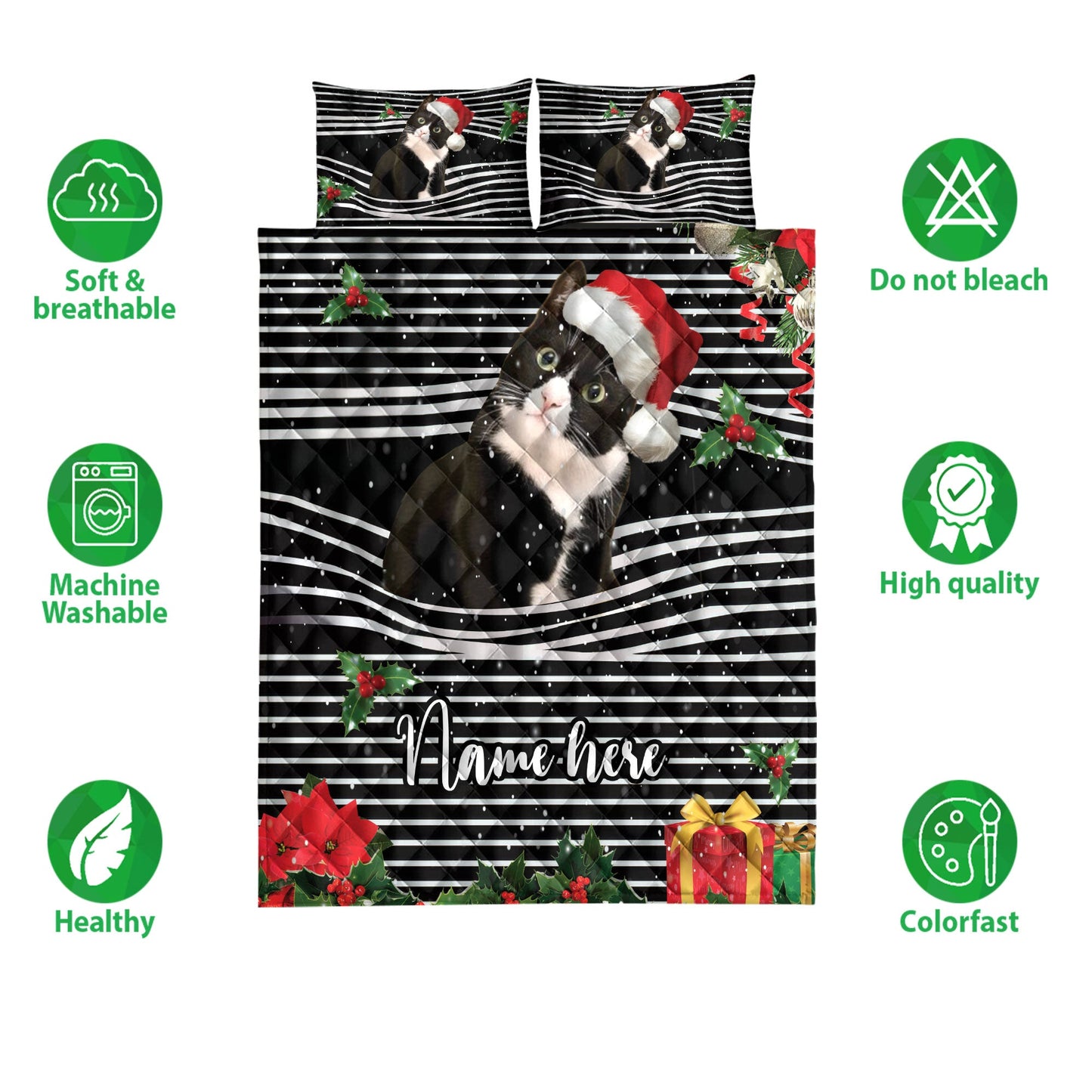 Personalized Tuxedo Cat Quilt Set, Tuxedo Catmas Striped With Santa Hat Quilt Blanket With Pillowcases, Custom Name Quilt Bedding Set, Christmas Gift