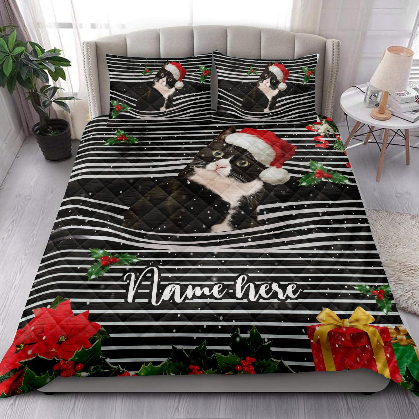 Personalized Tuxedo Cat Quilt Set, Tuxedo Catmas Striped With Santa Hat Quilt Blanket With Pillowcases, Custom Name Quilt Bedding Set, Christmas Gift
