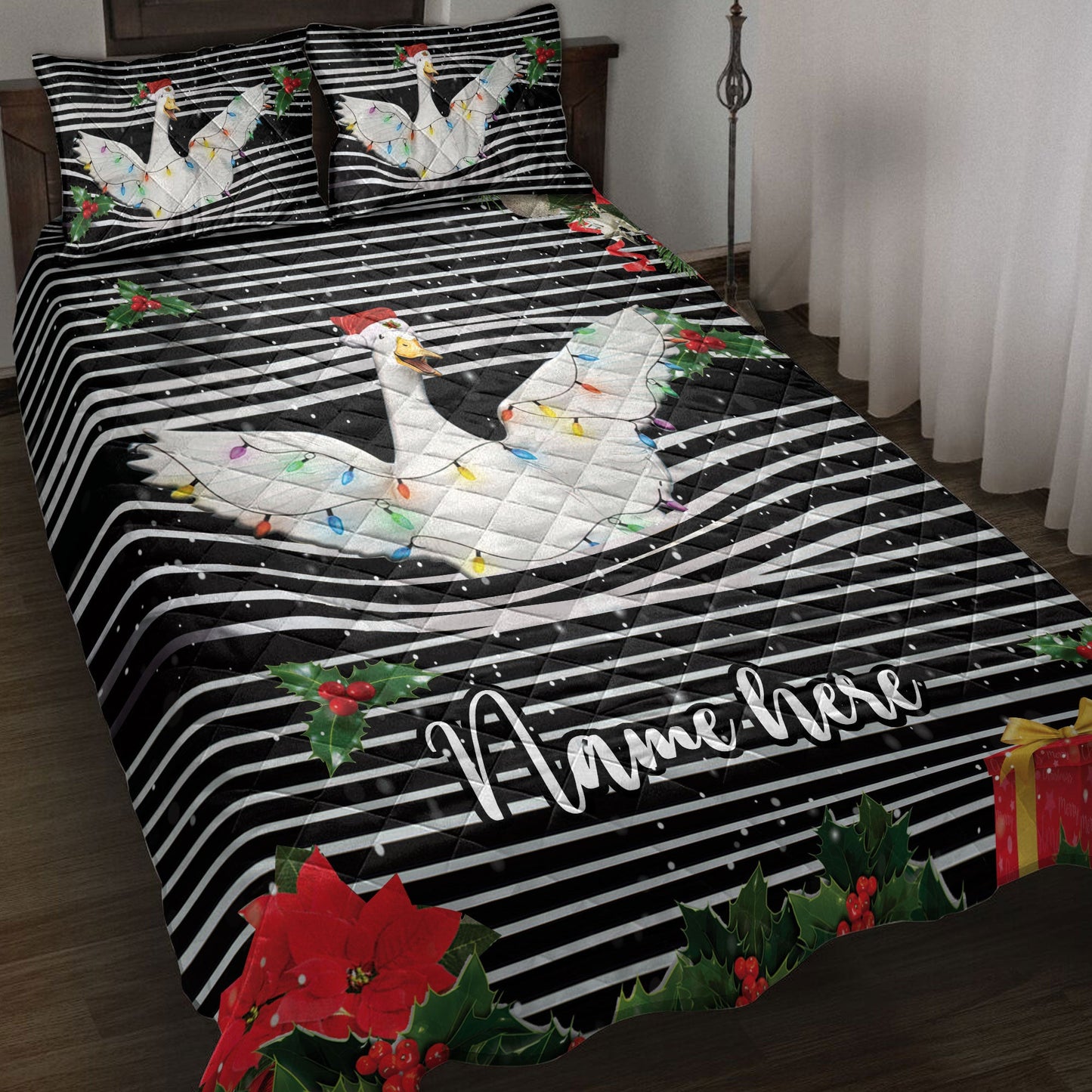 Personalized Duck Quilt Set, Duckmas String Lights Striped Quilt Blanket With Pillowcases, Custom Name Quilt Bedding Set, Christmas Gift