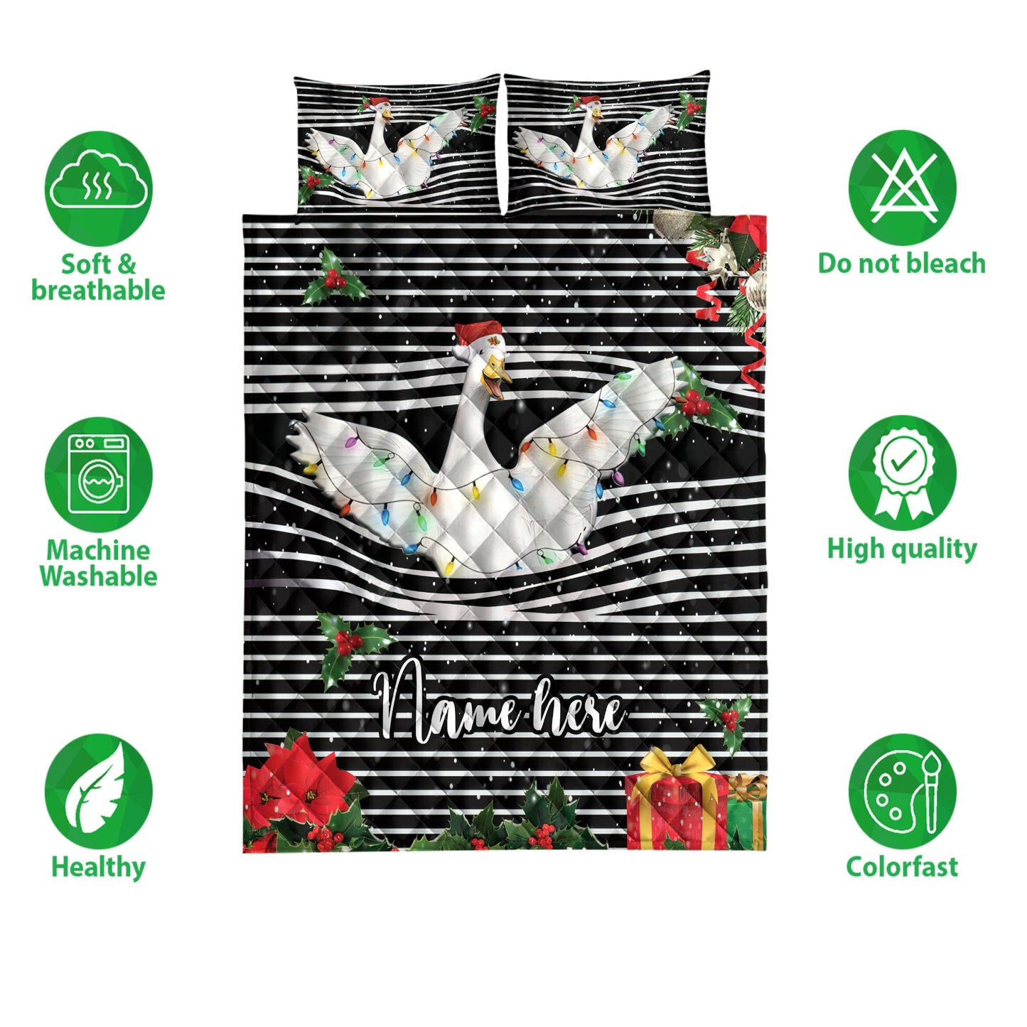 Personalized Duck Quilt Set, Duckmas String Lights Striped Quilt Blanket With Pillowcases, Custom Name Quilt Bedding Set, Christmas Gift