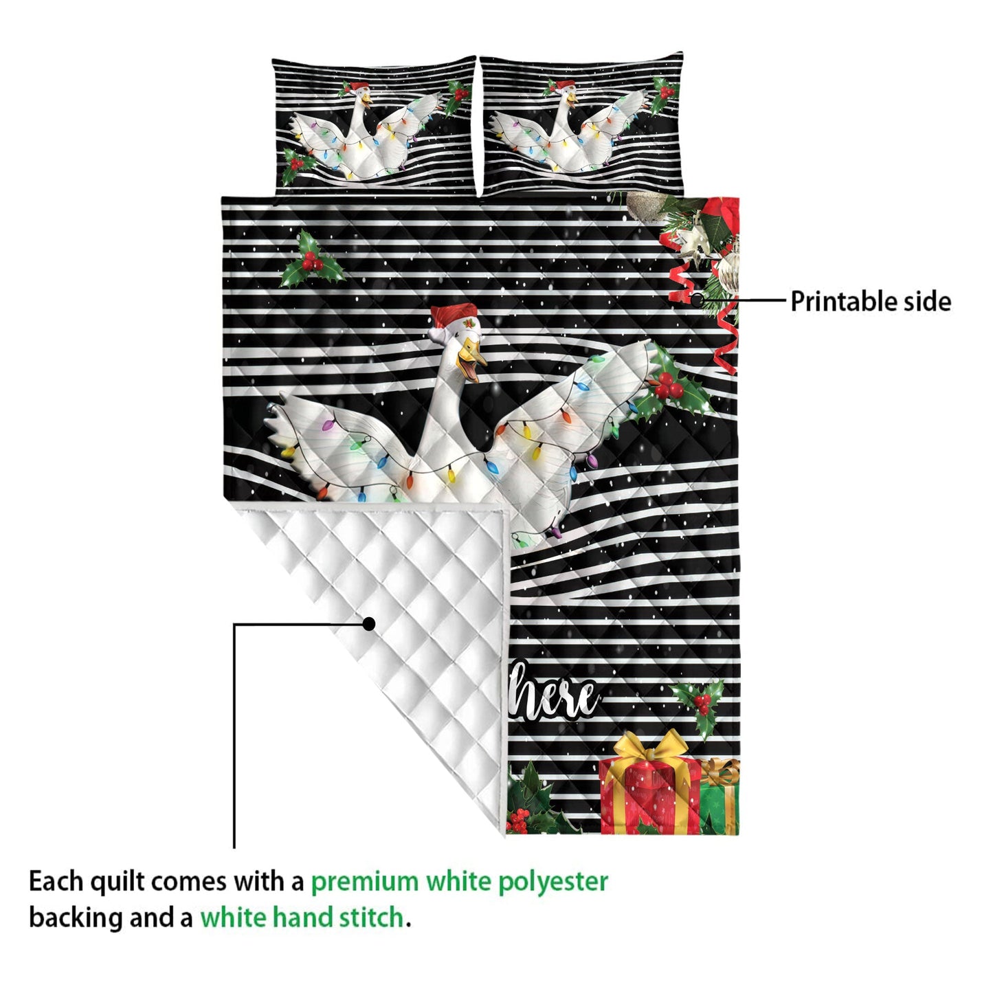 Personalized Duck Quilt Set, Duckmas String Lights Striped Quilt Blanket With Pillowcases, Custom Name Quilt Bedding Set, Christmas Gift