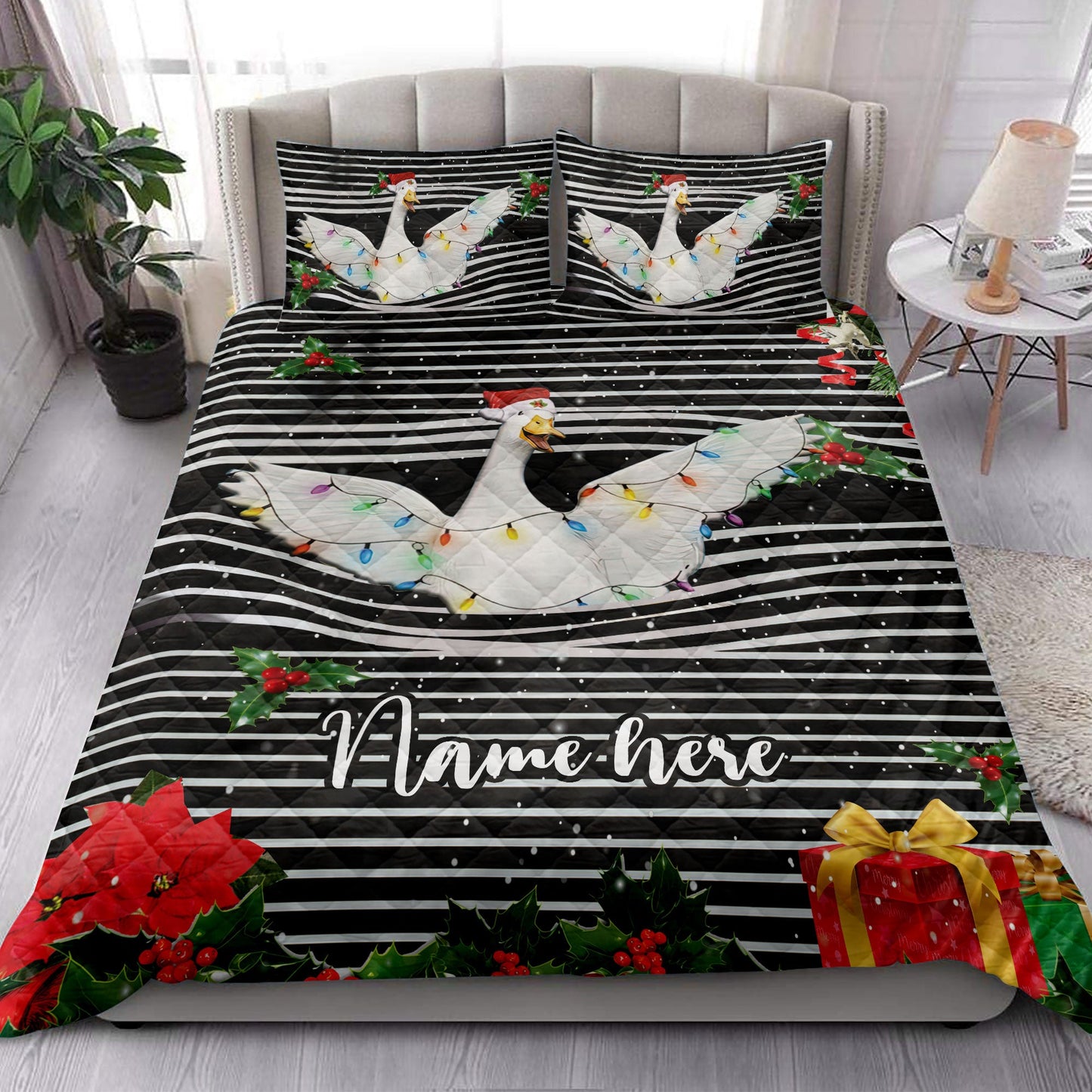 Personalized Duck Quilt Set, Duckmas String Lights Striped Quilt Blanket With Pillowcases, Custom Name Quilt Bedding Set, Christmas Gift