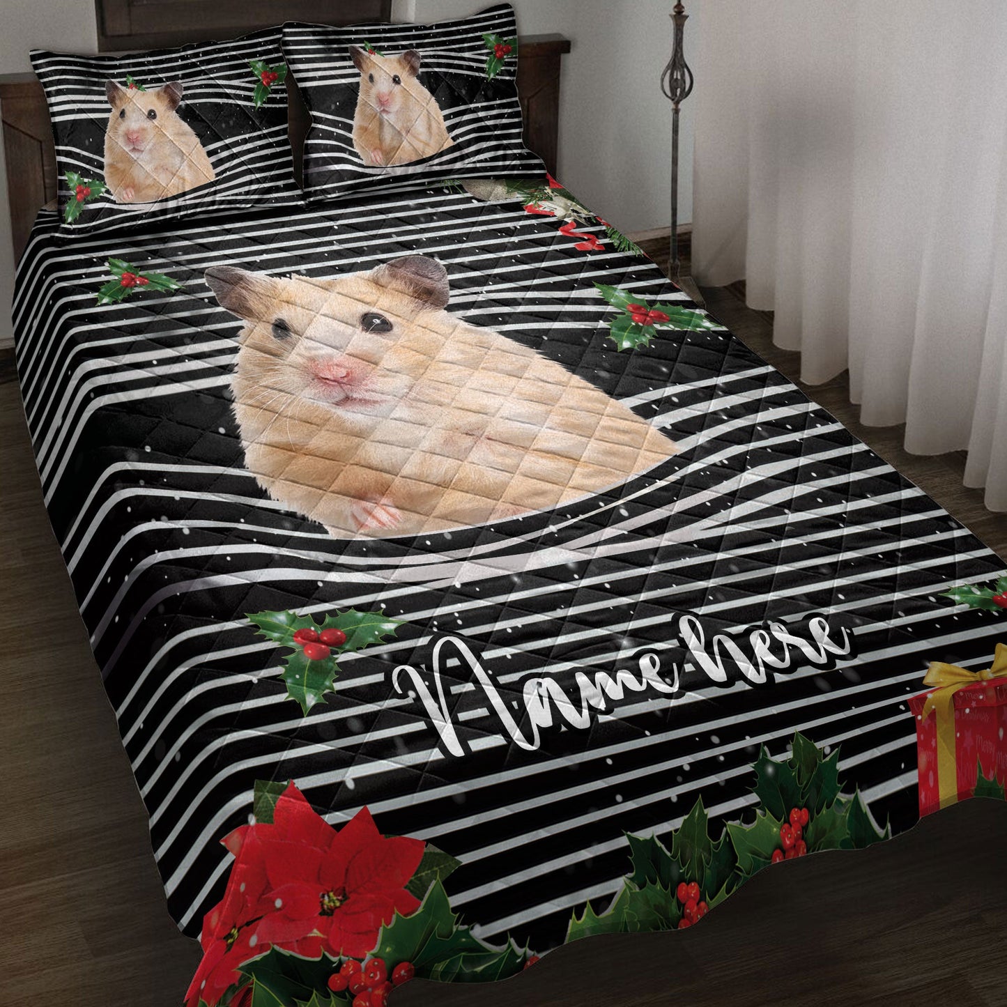 Personalized Hamster Quilt Set, Hamstermas Striped With Santa Hat Quilt Blanket With Pillowcases, Custom Name Quilt Bedding Set, Christmas Gift