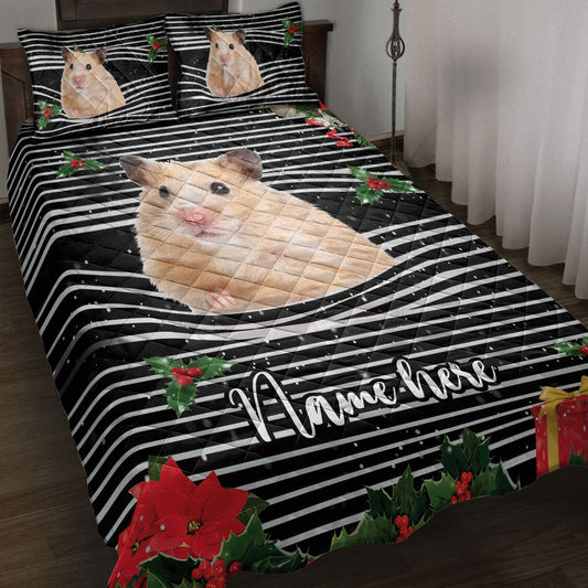 Personalized Hamster Quilt Set, Hamstermas Striped With Santa Hat Quilt Blanket With Pillowcases, Custom Name Quilt Bedding Set, Christmas Gift