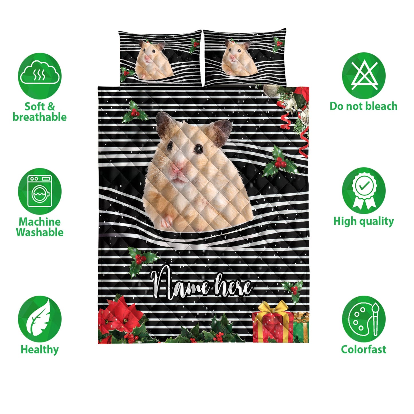 Personalized Hamster Quilt Set, Hamstermas Striped With Santa Hat Quilt Blanket With Pillowcases, Custom Name Quilt Bedding Set, Christmas Gift