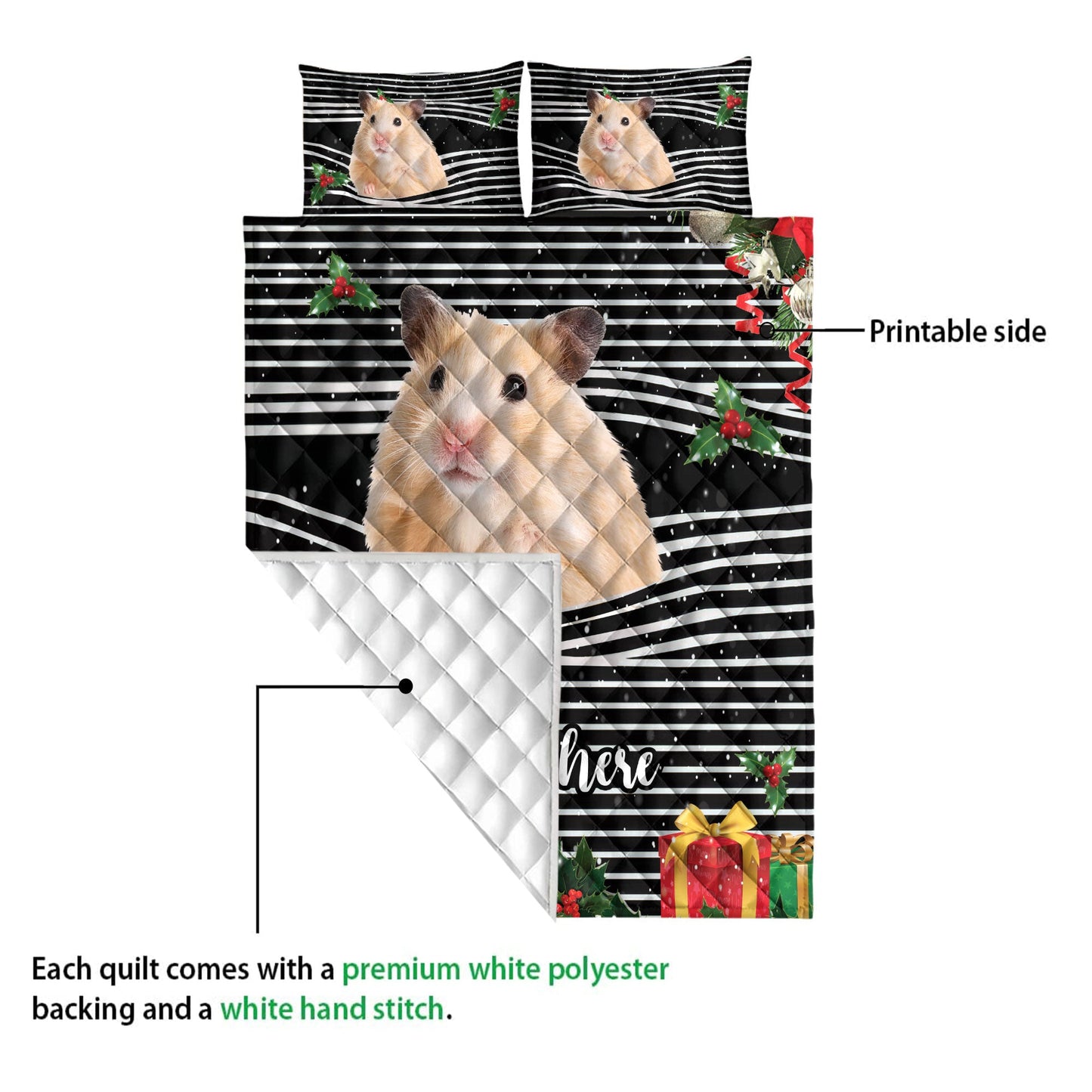 Personalized Hamster Quilt Set, Hamstermas Striped With Santa Hat Quilt Blanket With Pillowcases, Custom Name Quilt Bedding Set, Christmas Gift