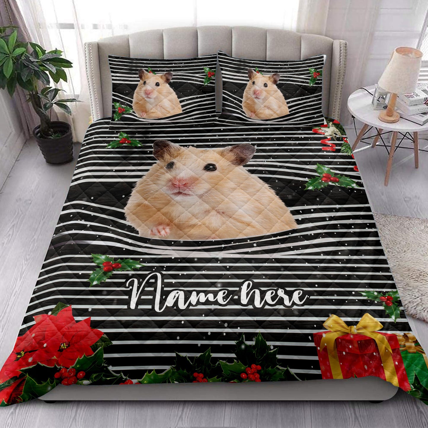 Personalized Hamster Quilt Set, Hamstermas Striped With Santa Hat Quilt Blanket With Pillowcases, Custom Name Quilt Bedding Set, Christmas Gift