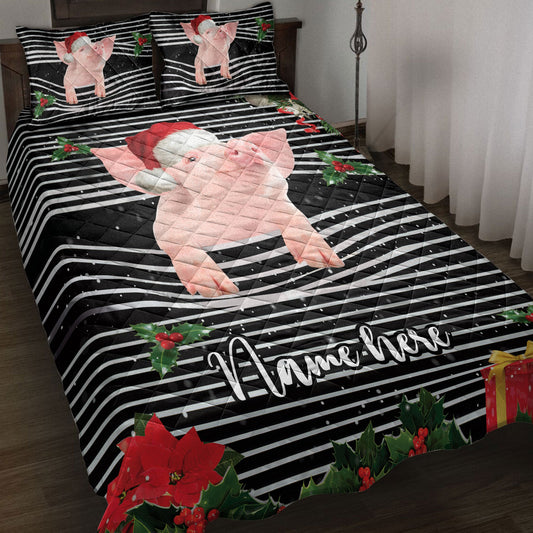 Personalized Pig Quilt Set, Pigmas Striped With Santa Hat Quilt Blanket With Pillowcases, Custom Name Quilt Bedding Set, Christmas Gift