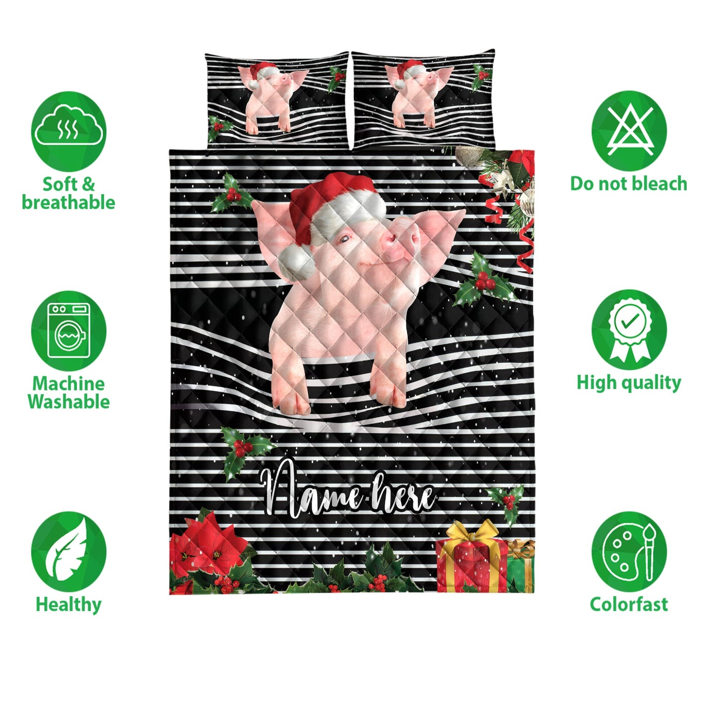 Personalized Pig Quilt Set, Pigmas Striped With Santa Hat Quilt Blanket With Pillowcases, Custom Name Quilt Bedding Set, Christmas Gift
