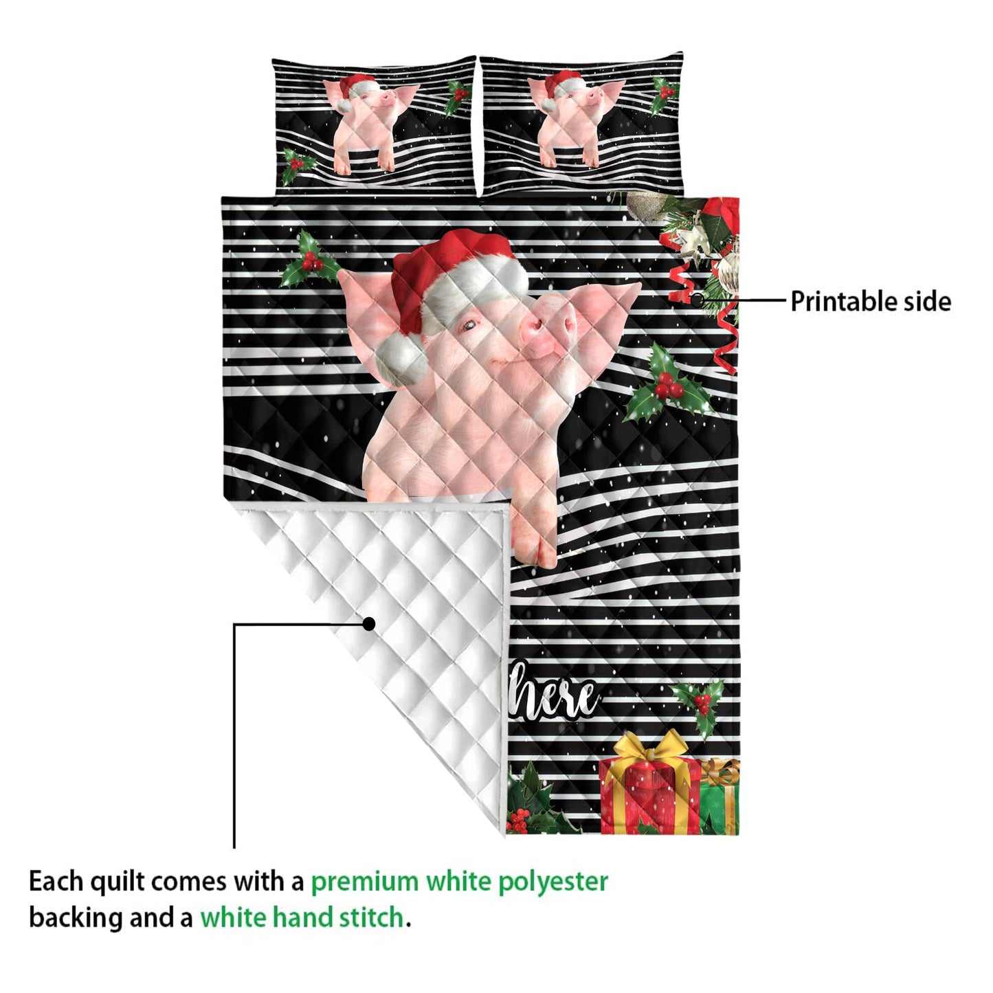 Personalized Pig Quilt Set, Pigmas Striped With Santa Hat Quilt Blanket With Pillowcases, Custom Name Quilt Bedding Set, Christmas Gift