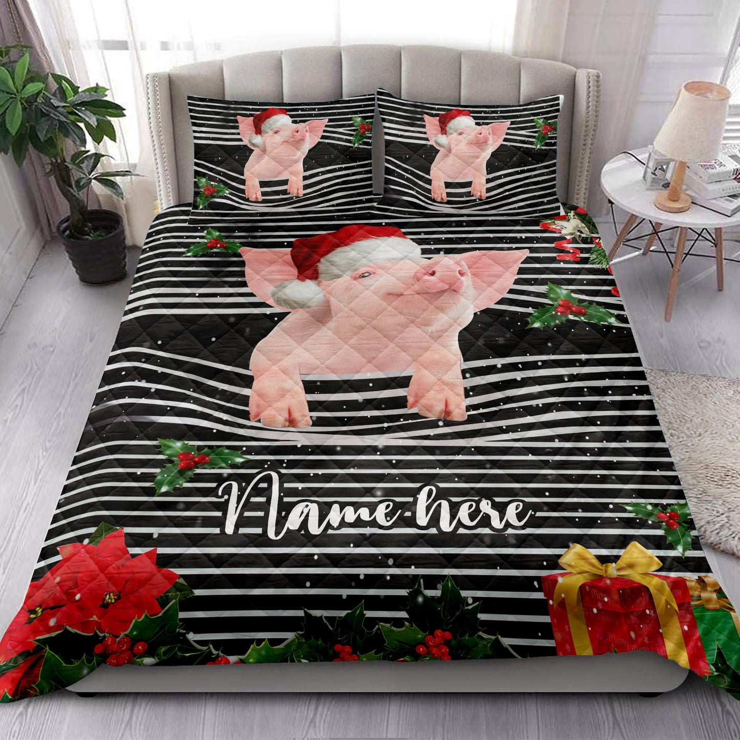 Personalized Pig Quilt Set, Pigmas Striped With Santa Hat Quilt Blanket With Pillowcases, Custom Name Quilt Bedding Set, Christmas Gift