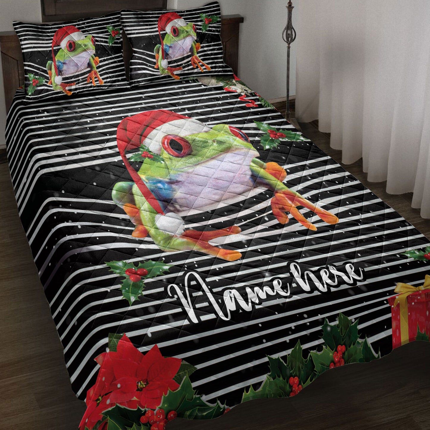 Personalized Frog Quilt Set, Frogmas Striped With Santa Hat Quilt Blanket With Pillowcases, Custom Name Quilt Bedding Set, Christmas Gift