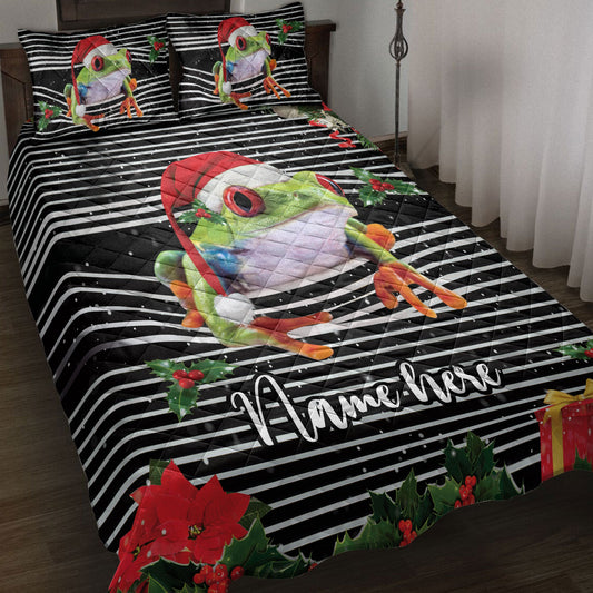 Personalized Frog Quilt Set, Frogmas Striped With Santa Hat Quilt Blanket With Pillowcases, Custom Name Quilt Bedding Set, Christmas Gift