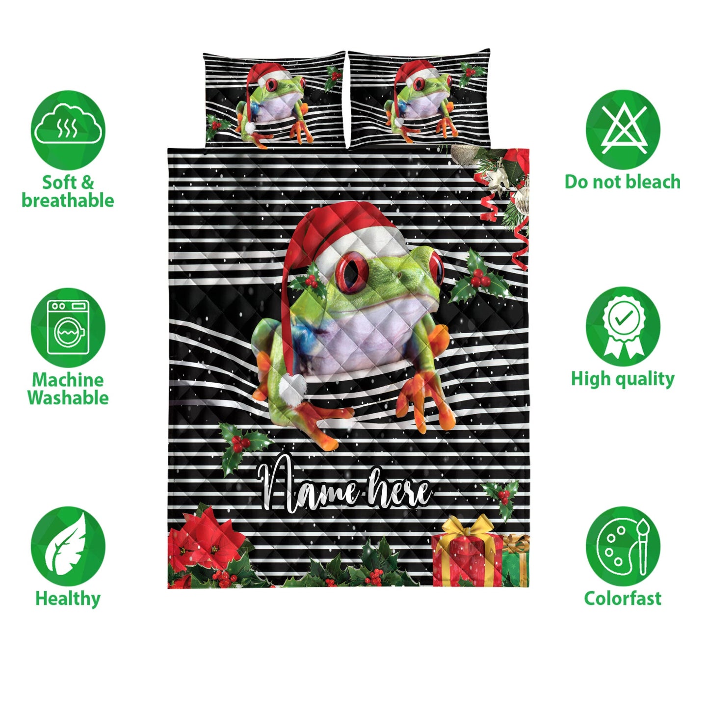 Personalized Frog Quilt Set, Frogmas Striped With Santa Hat Quilt Blanket With Pillowcases, Custom Name Quilt Bedding Set, Christmas Gift