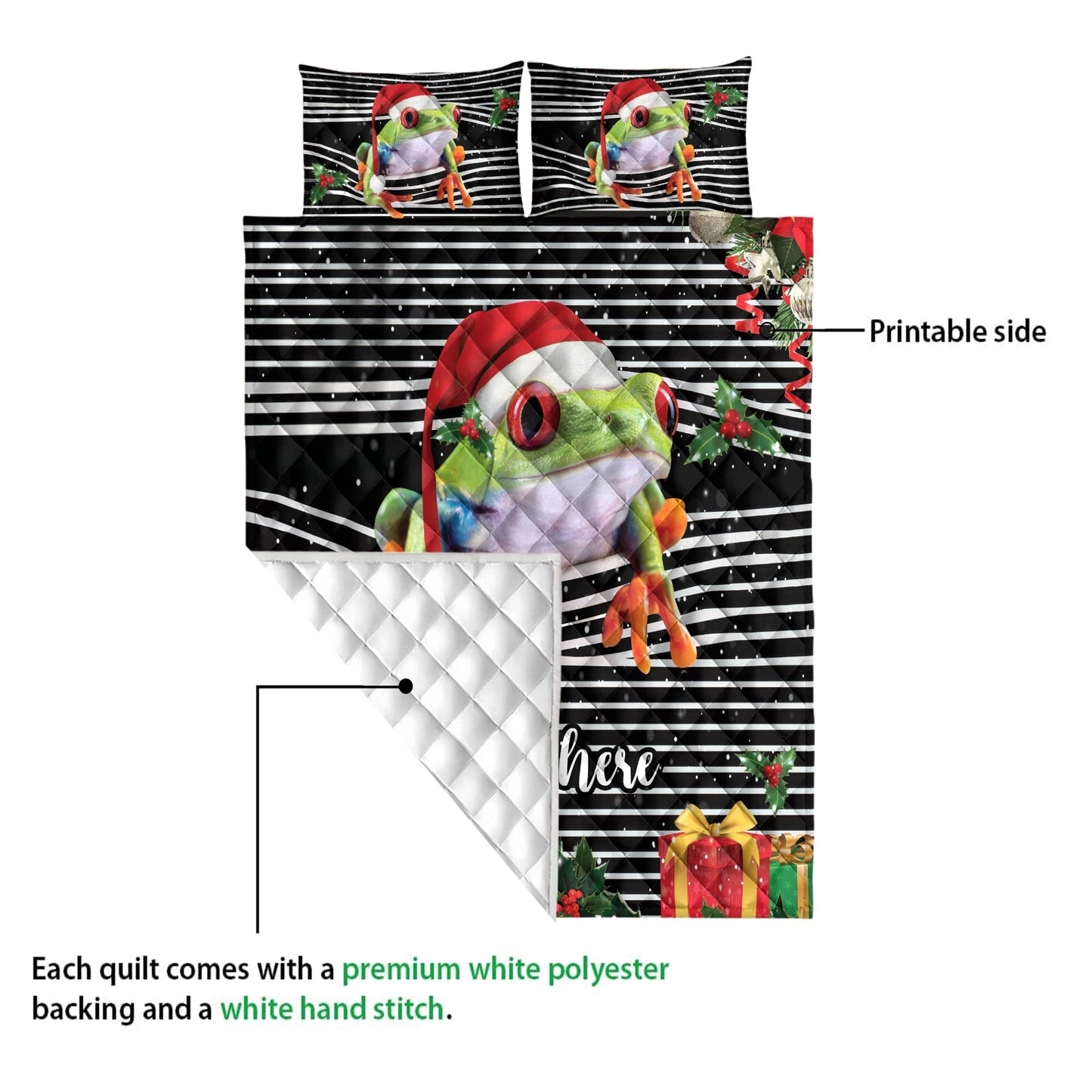 Personalized Frog Quilt Set, Frogmas Striped With Santa Hat Quilt Blanket With Pillowcases, Custom Name Quilt Bedding Set, Christmas Gift