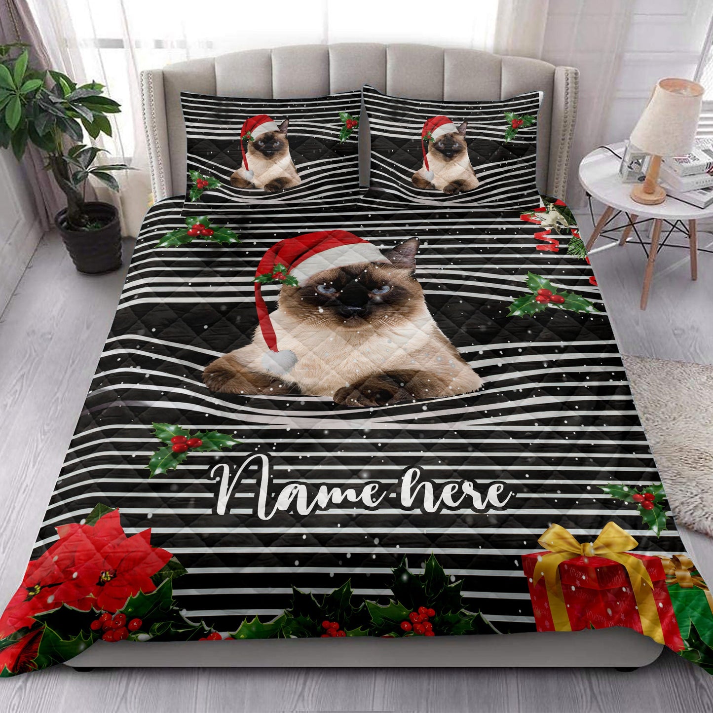 Personalized Siamese Quilt Set, Siamesemas Striped With Santa Hat Quilt Blanket With Pillowcases, Custom Name Quilt Bedding Set, Christmas Gift