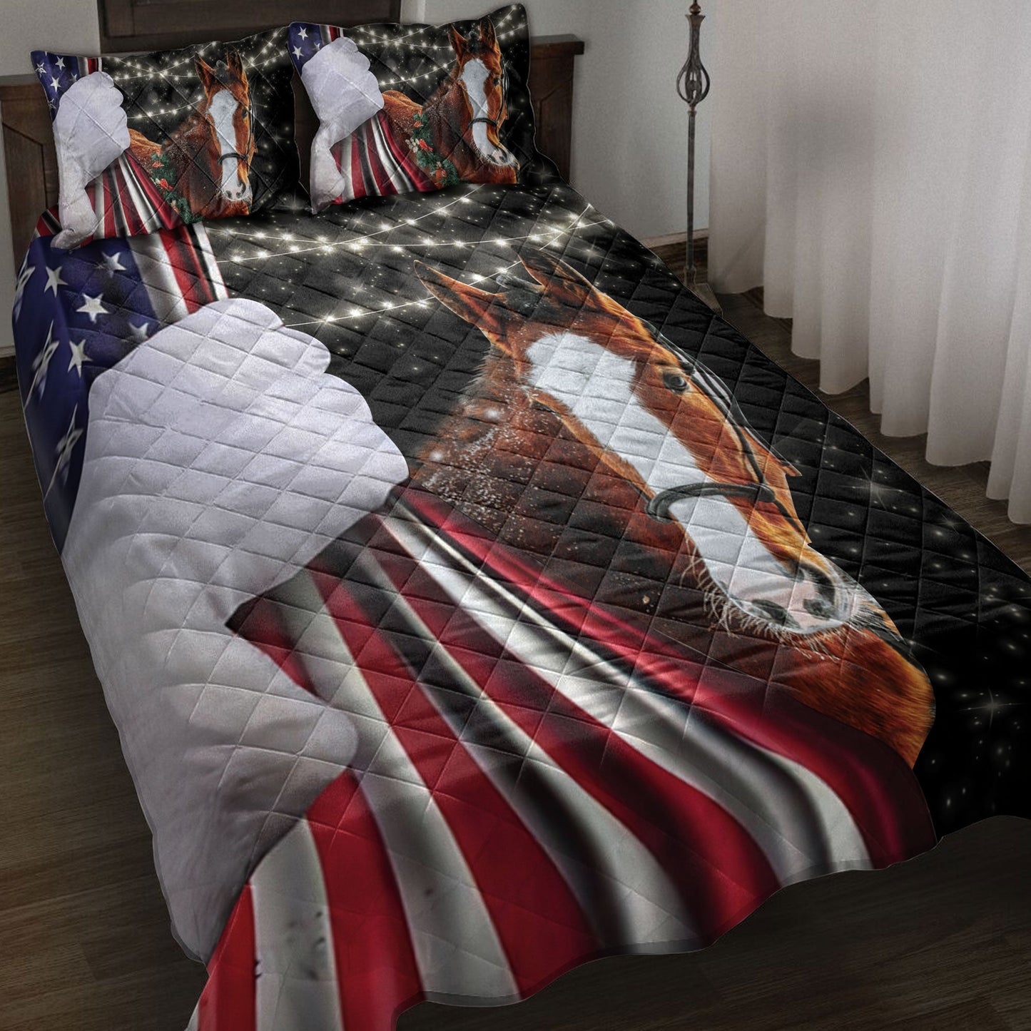 Horse Quilt Set, Horse Snowflakemas String Light Us Flag Horses Quilt Blanket With Pillowcases, Quilt Bedding Set, Christmas Gift