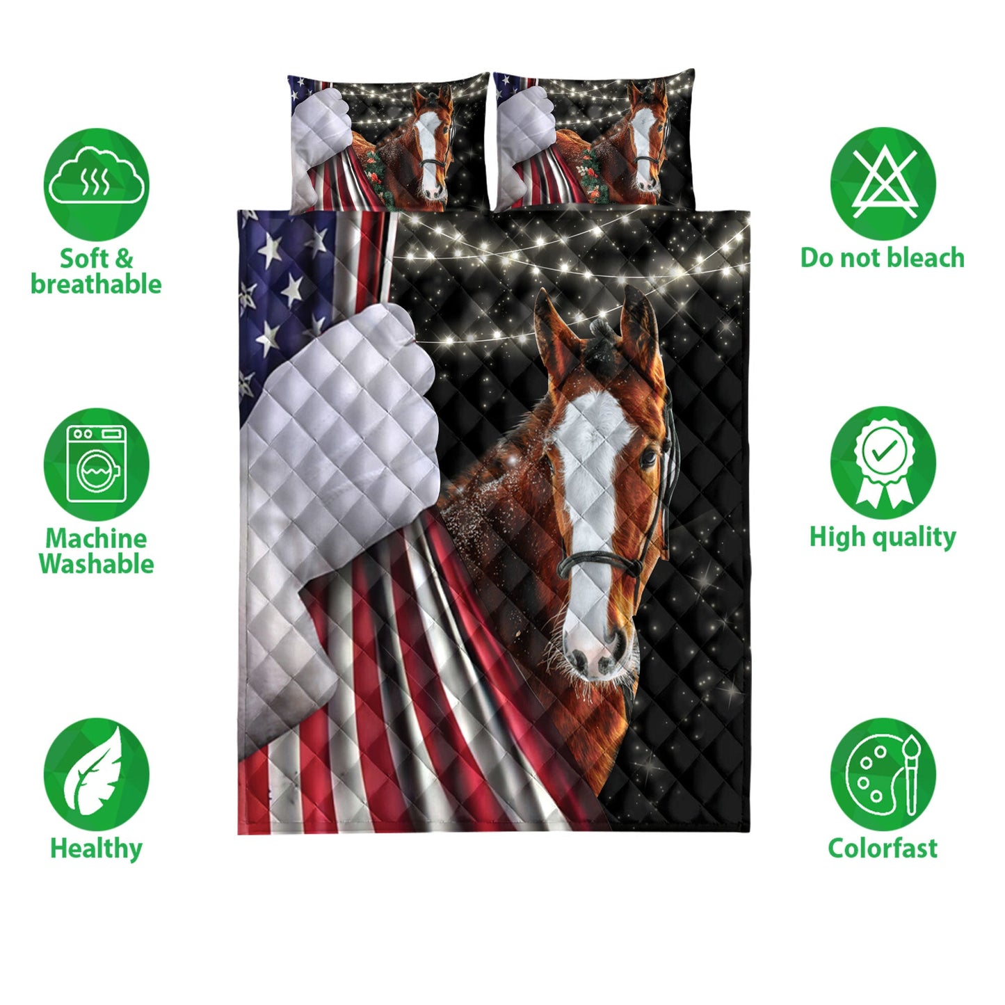 Horse Quilt Set, Horse Snowflakemas String Light Us Flag Horses Quilt Blanket With Pillowcases, Quilt Bedding Set, Christmas Gift