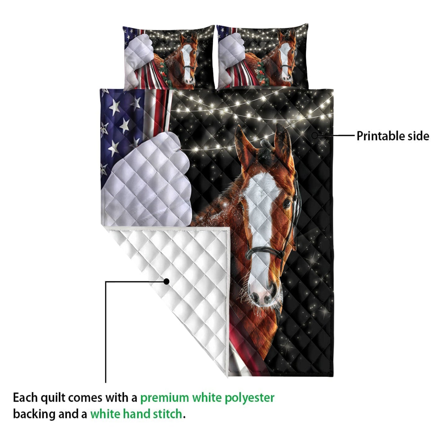 Horse Quilt Set, Horse Snowflakemas String Light Us Flag Horses Quilt Blanket With Pillowcases, Quilt Bedding Set, Christmas Gift