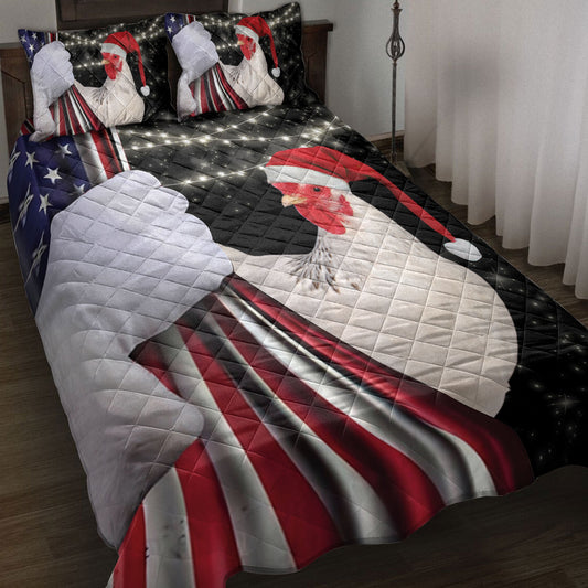 Chicken Quilt Set, Chicken Rooster Santa Hat Snowflakemas String Light Us Flag Quilt Blanket With Pillowcases, Quilt Bedding Set, Christmas Gift