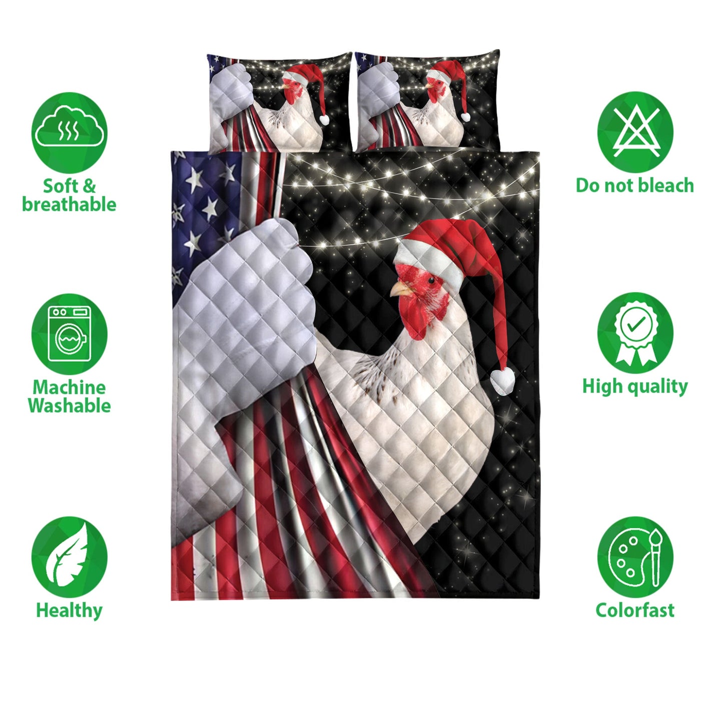 Chicken Quilt Set, Chicken Rooster Santa Hat Snowflakemas String Light Us Flag Quilt Blanket With Pillowcases, Quilt Bedding Set, Christmas Gift