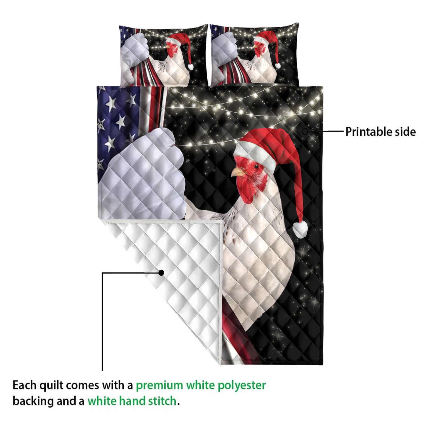 Chicken Quilt Set, Chicken Rooster Santa Hat Snowflakemas String Light Us Flag Quilt Blanket With Pillowcases, Quilt Bedding Set, Christmas Gift