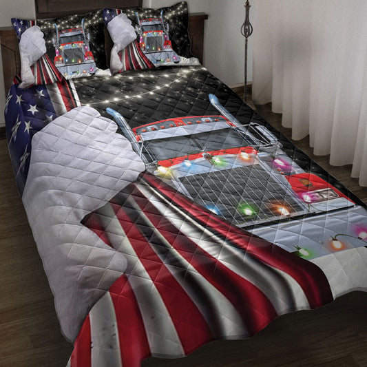 Trucker Quilt Set, Red Truckmas String Light Snowflake Us Flag Trucker Quilt Blanket With Pillowcases, Quilt Bedding Set, Christmas Gift