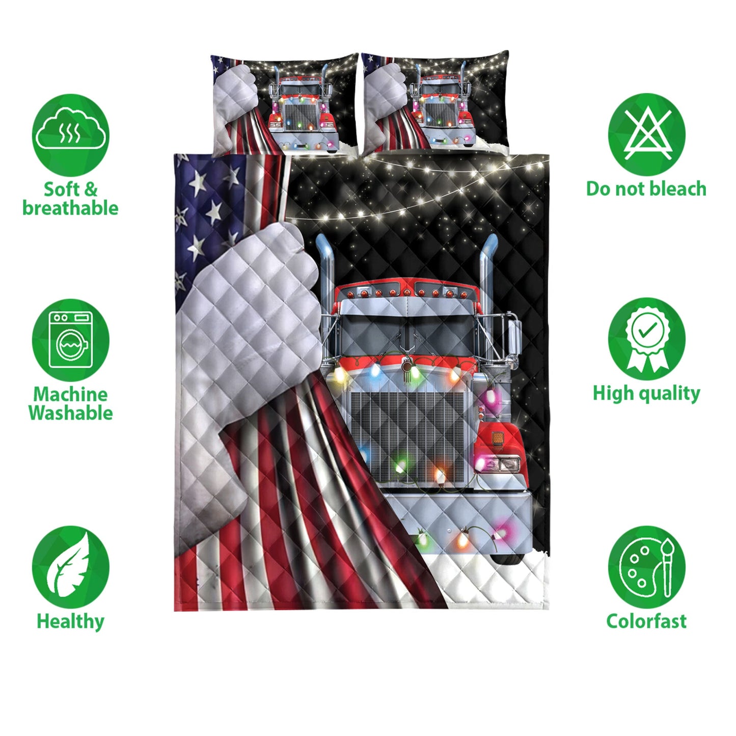 Trucker Quilt Set, Red Truckmas String Light Snowflake Us Flag Trucker Quilt Blanket With Pillowcases, Quilt Bedding Set, Christmas Gift