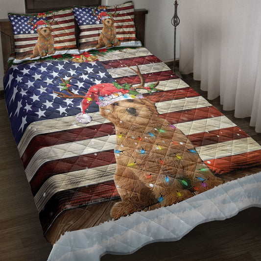 Goldendoodle Quilt Set, Goldendoodle Wearing Amas Hat With String Light Us Flag Quilt Blanket With Pillowcases, Quilt Bedding Set, Christmas Gift