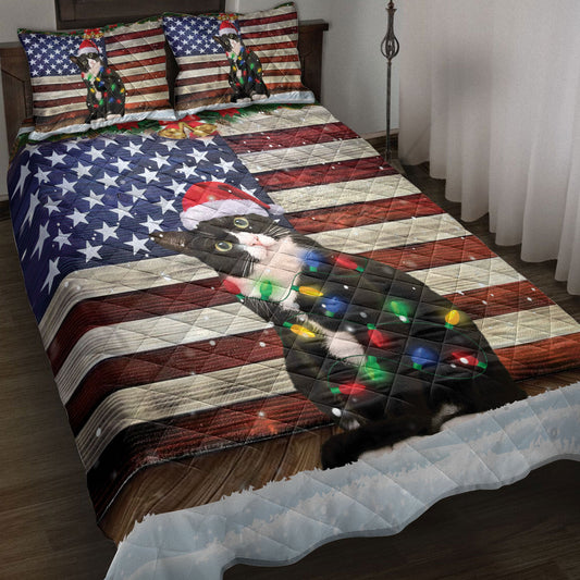 Tuxedo Cat Quilt Set, Tuxedo Cat Wearing Amas Hat With String Light Us Flag Quilt Blanket With Pillowcases, Quilt Bedding Set, Christmas Gift
