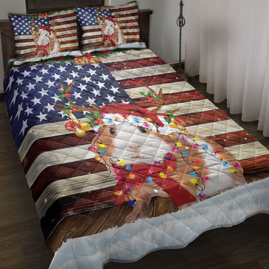 Guinea Pig Quilt Set, Guinea Pig Wearing Amas Hat With String Light Us Flag Quilt Blanket With Pillowcases, Quilt Bedding Set, Christmas Gift