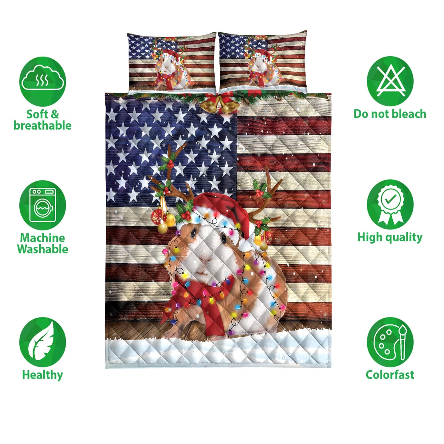 Guinea Pig Quilt Set, Guinea Pig Wearing Amas Hat With String Light Us Flag Quilt Blanket With Pillowcases, Quilt Bedding Set, Christmas Gift