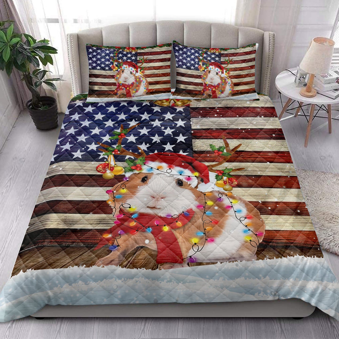 Guinea Pig Quilt Set, Guinea Pig Wearing Amas Hat With String Light Us Flag Quilt Blanket With Pillowcases, Quilt Bedding Set, Christmas Gift