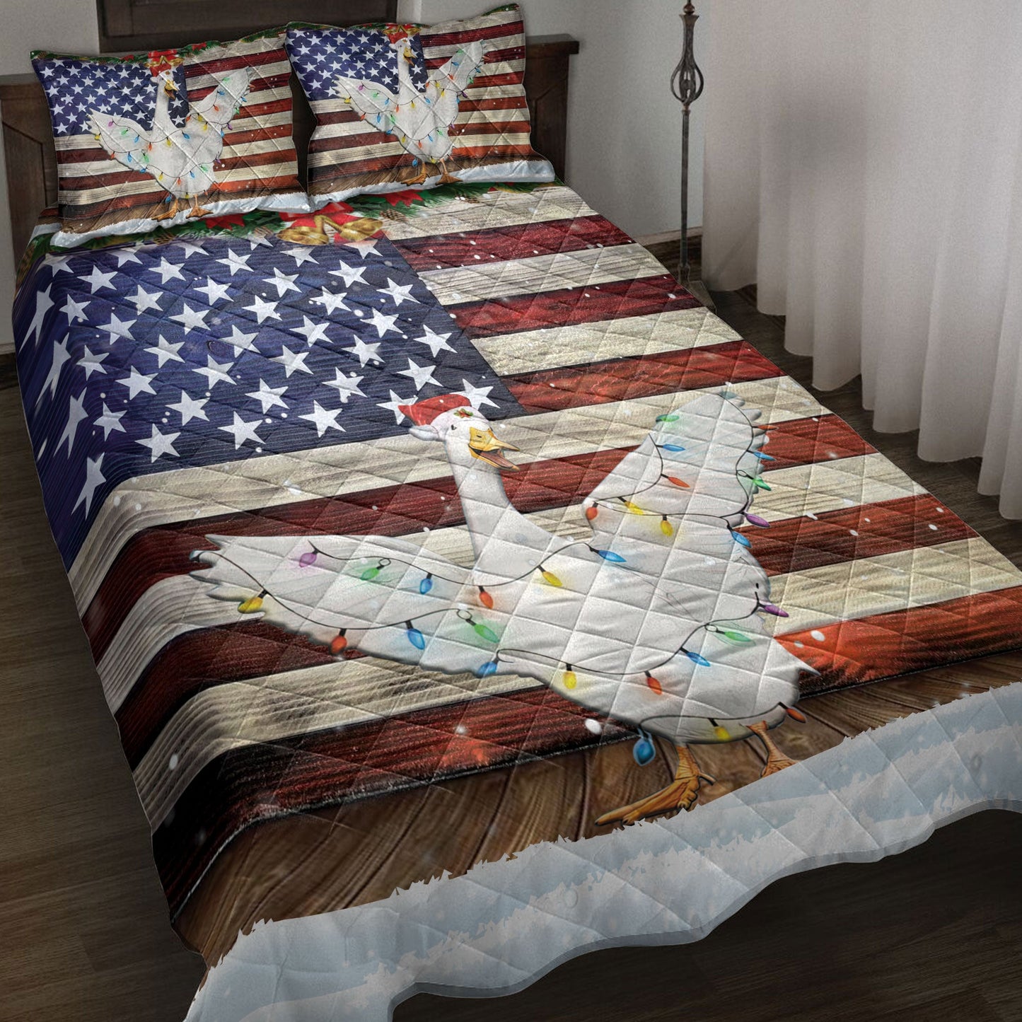Duck Quilt Set, Duck Wearing Amas Hat With String Light Us Flag Quilt Blanket With Pillowcases, Quilt Bedding Set, Christmas Gift